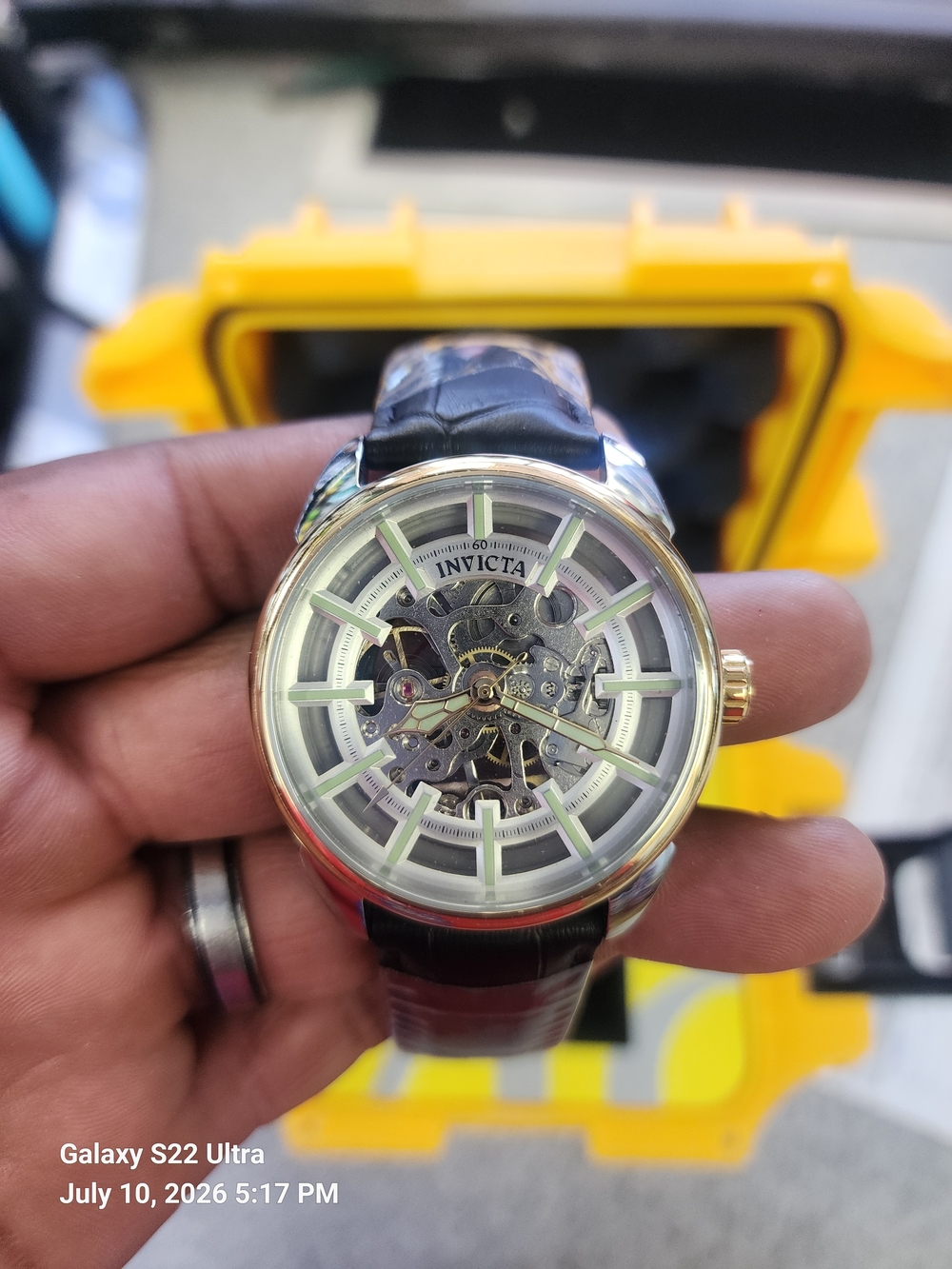 Invicta Skeleton Dial Men's Watch - Gold Tone, Black Strap 43mm Automatic